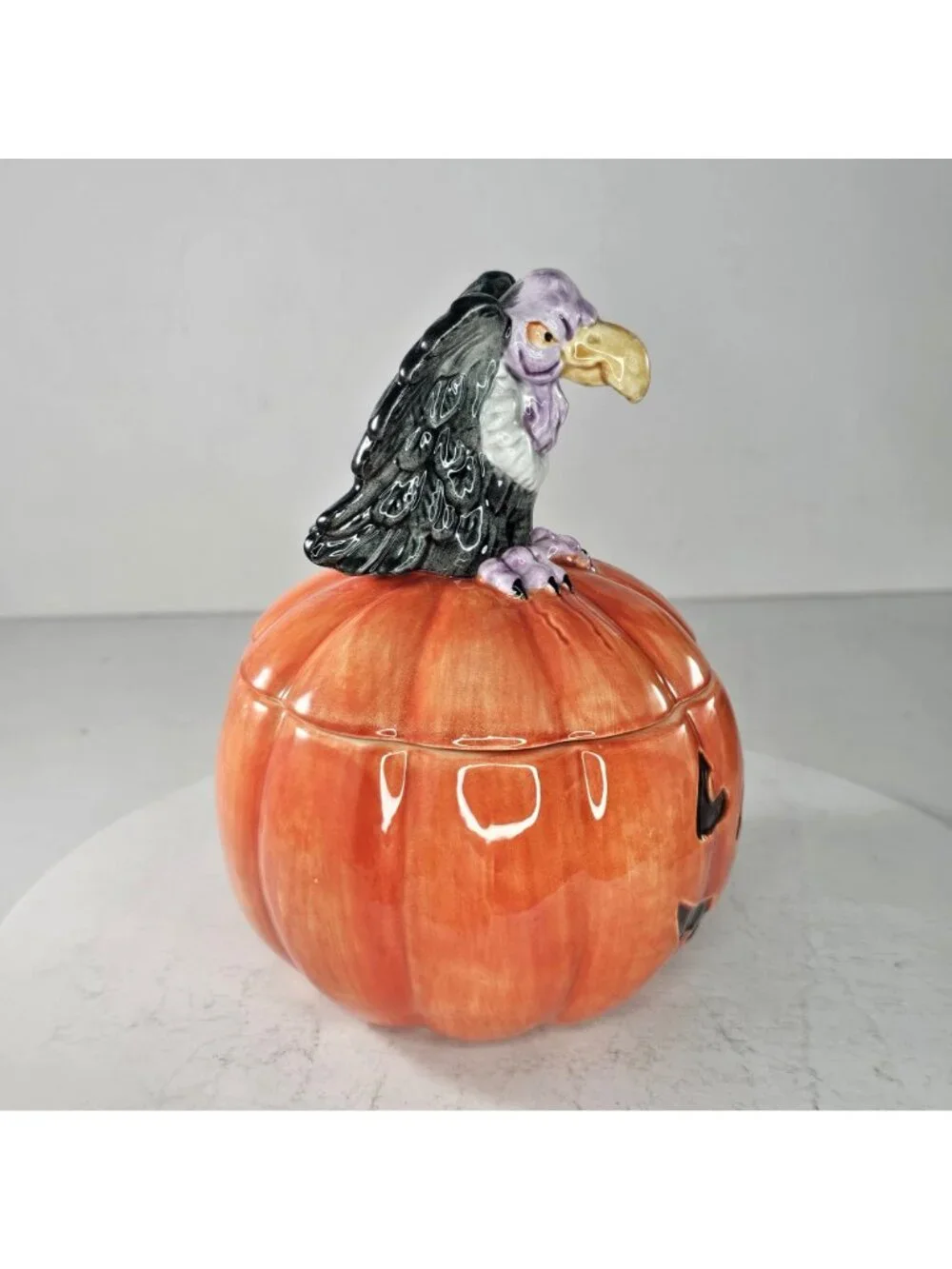 Rare 1988 Fitz & Floyd Vulture On Jack-O-Lantern Pumpkin Lidded Candy Dish Bowl